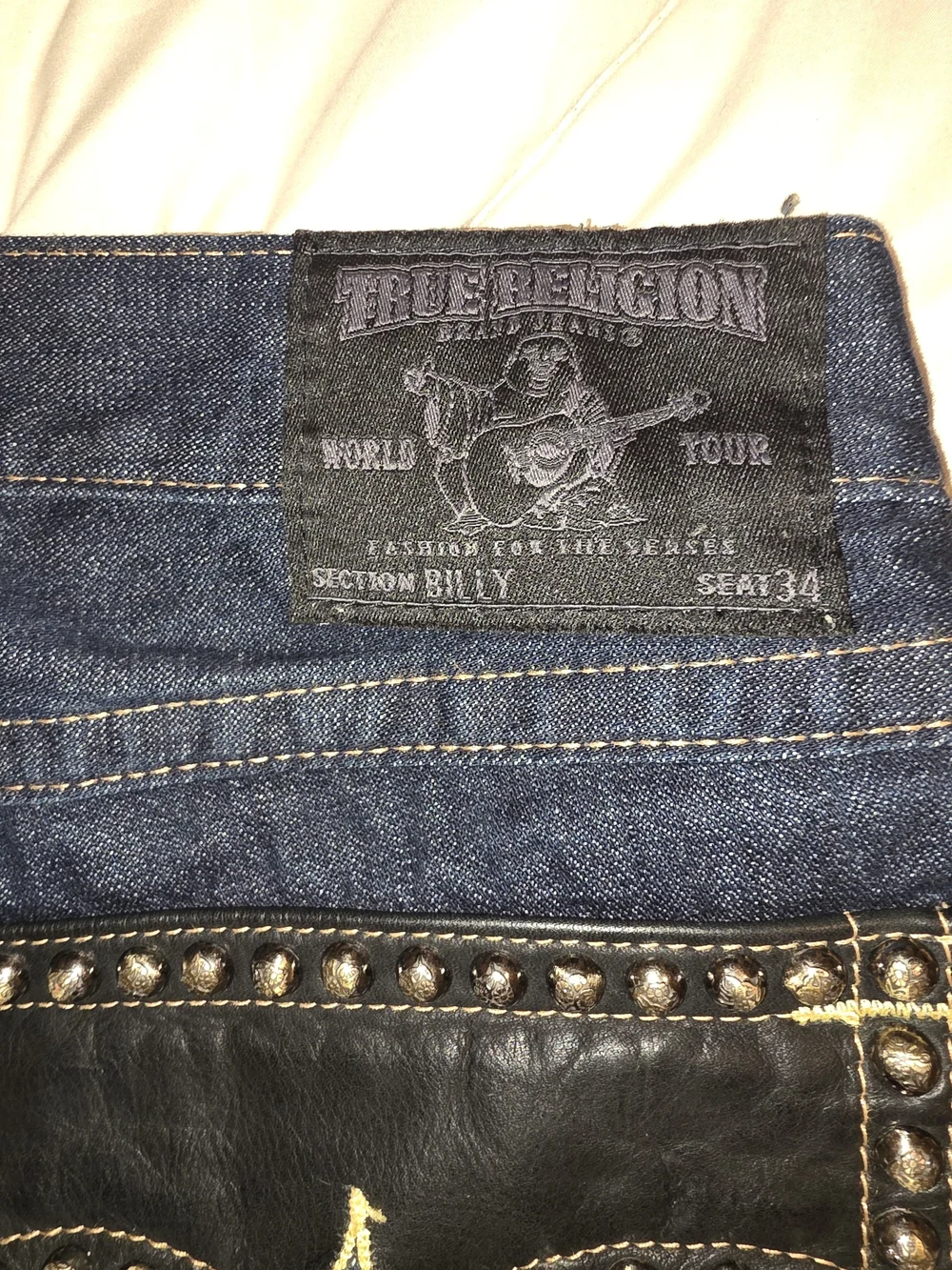 True Religion Billy Men's Dark Blue Denim  Jeans W/ Studded Back Pocket Flaps